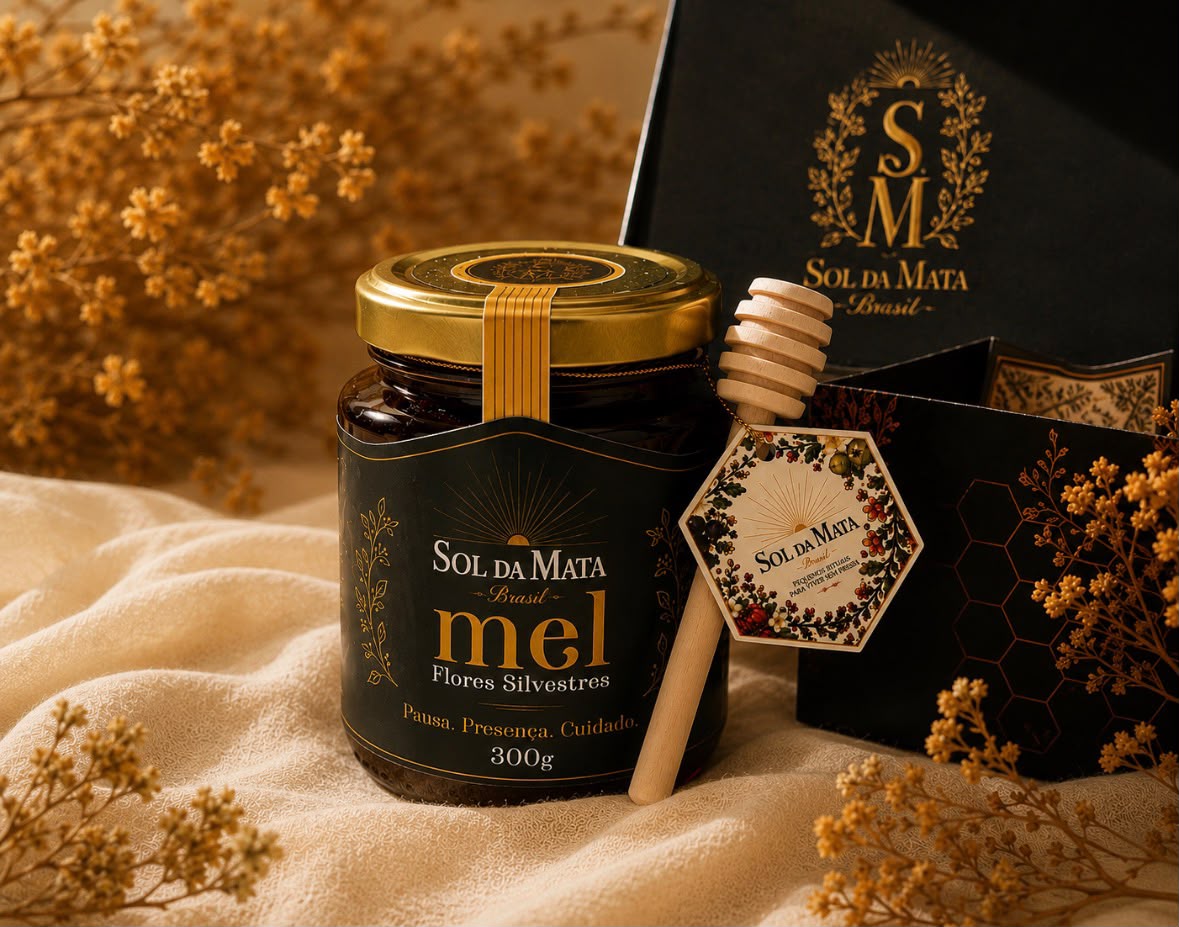 Pote de mel Flores Silvestres 300 g ao lado de caixa premium Sol da Mata em cena aconchegante.