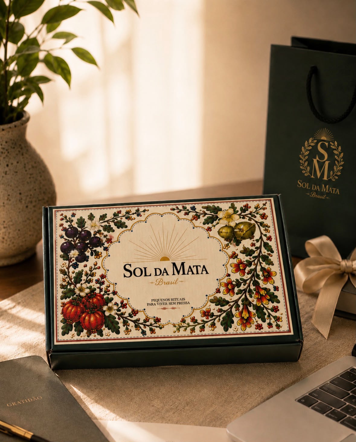 Caixa premium Sol da Mata sobre mesa de trabalho ao lado de sacola da marca.