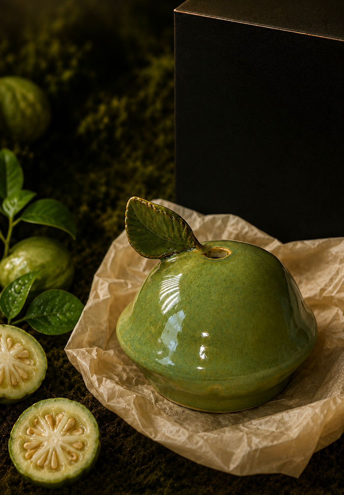Difusor de cerâmica inspirado no cambuci com folhas e frutos ao lado.