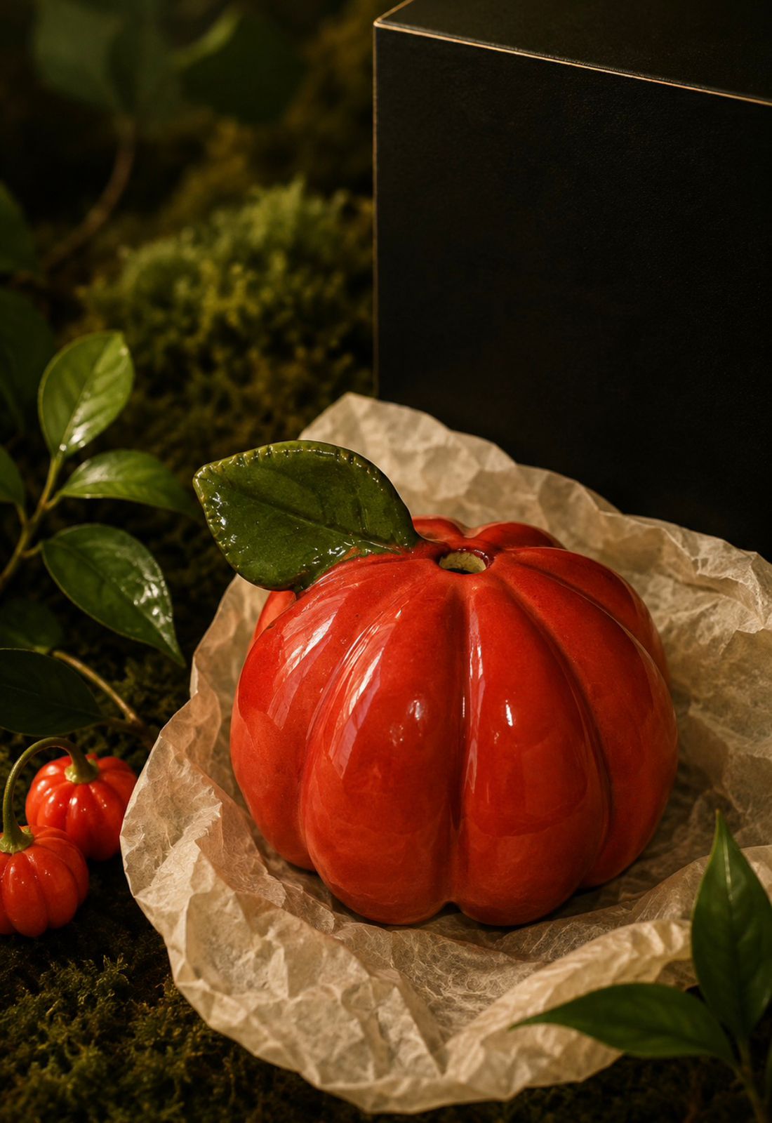 Difusor de cerâmica inspirado na pitanga vermelha ao lado de frutos frescos.