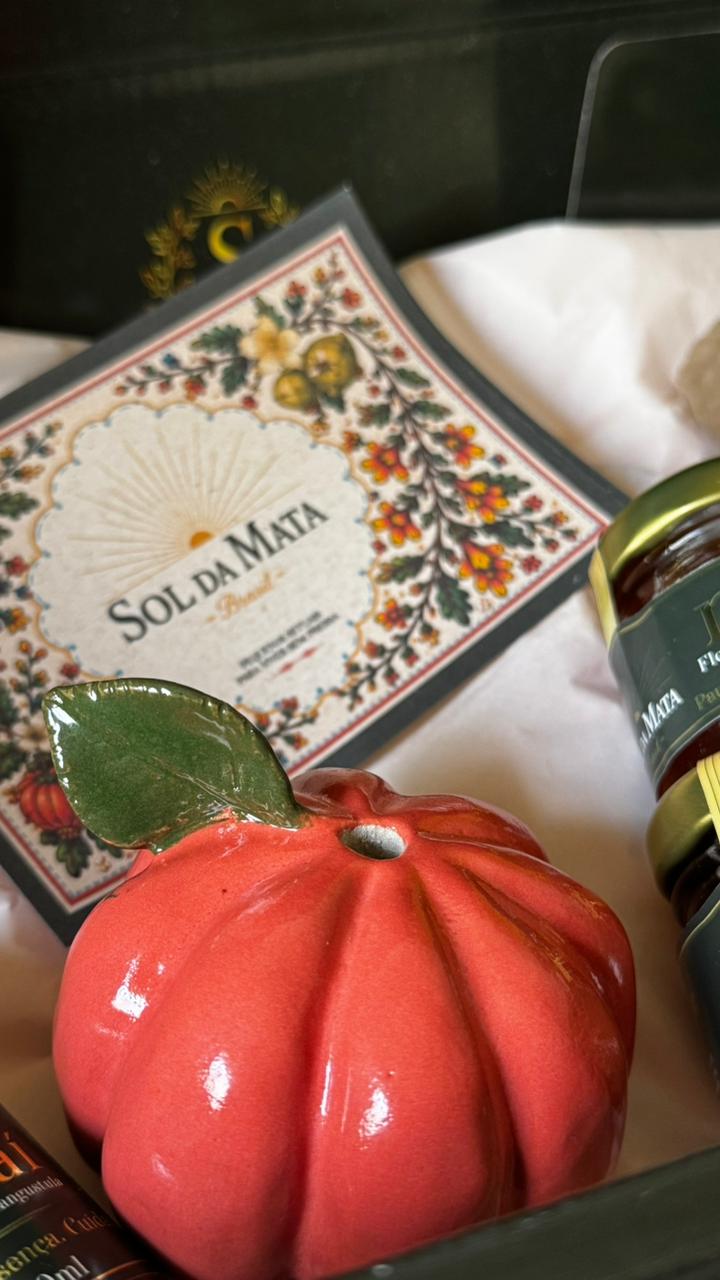Kit Ritual do Brasil com difusor de cerâmica em formato de pitanga vermelha e cartela botânica Sol da Mata.