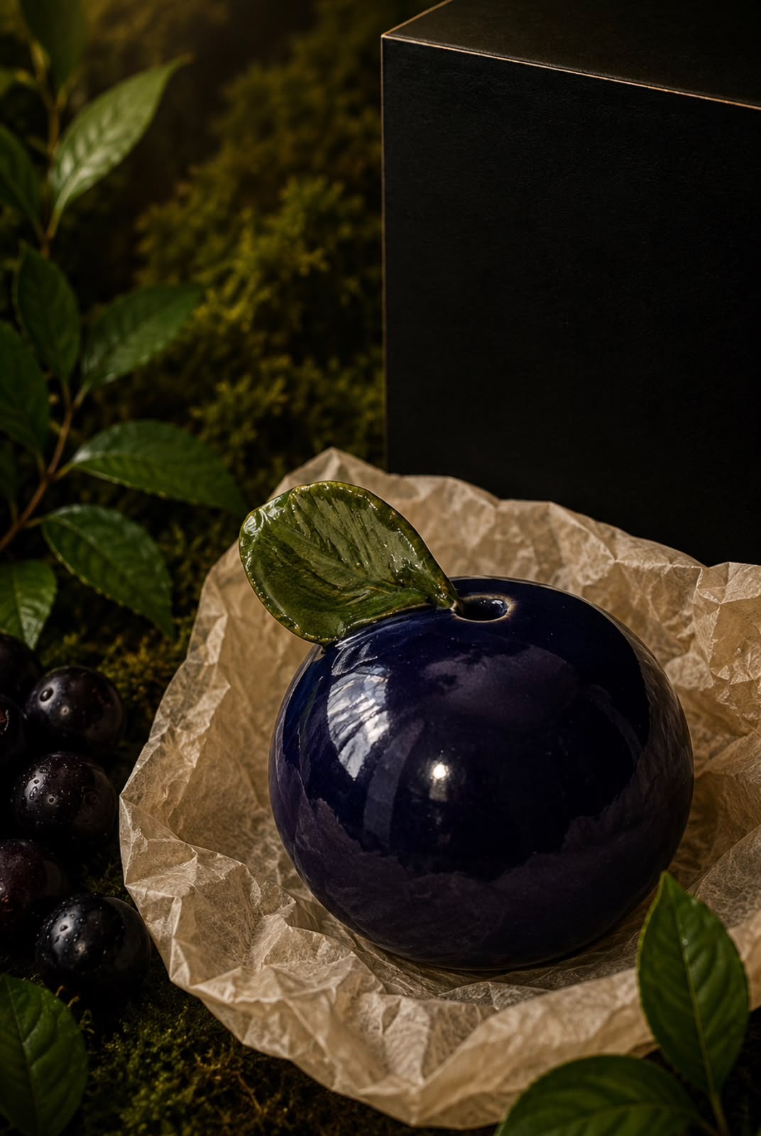 Difusor de cerâmica em forma de jabuticaba roxa com folha verde, disposto sobre papel creme ao lado de frutos frescos.