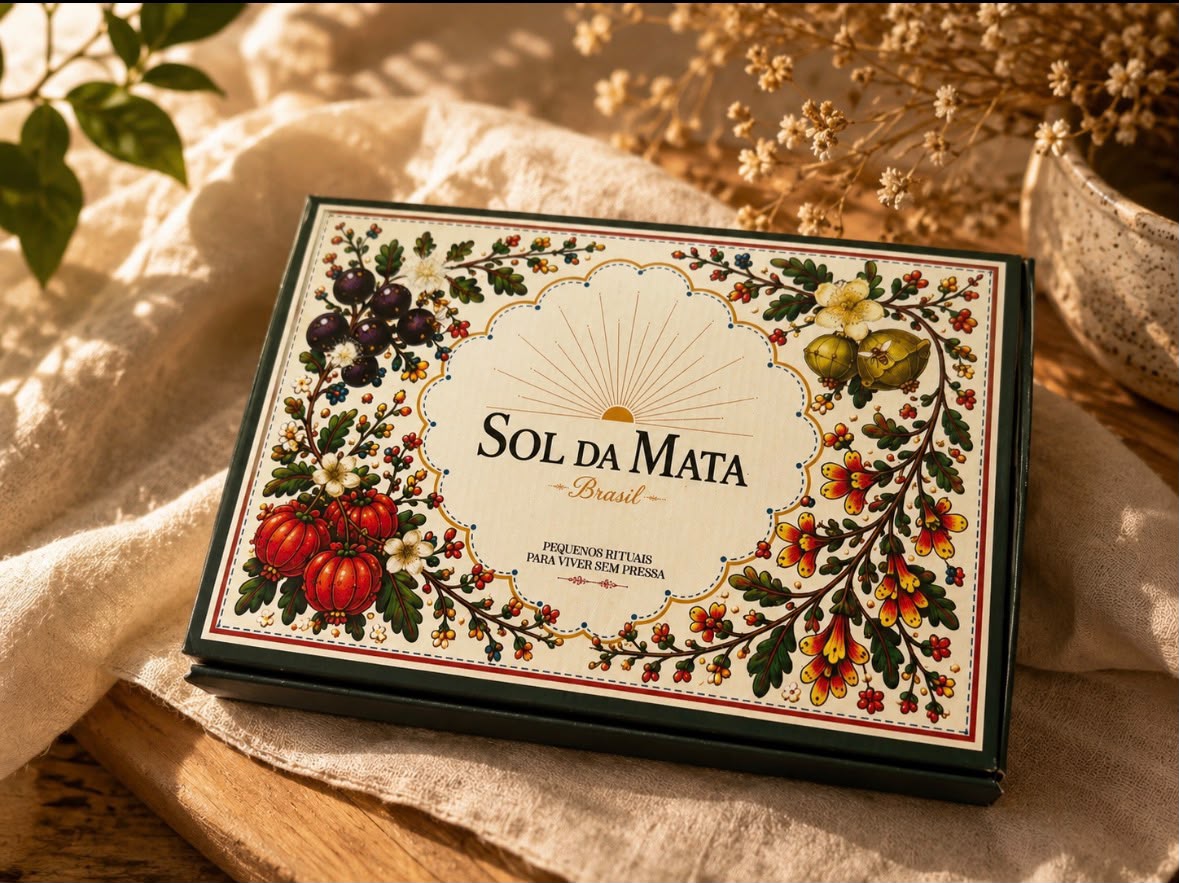 Caixa premium Sol da Mata com arte botânica e frutos brasileiros.