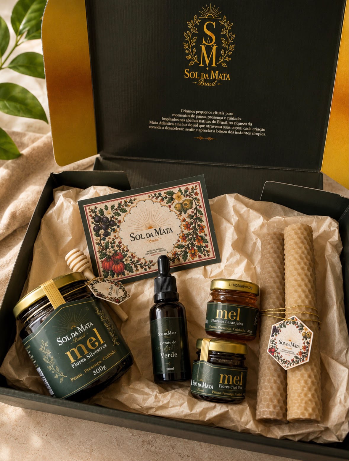 Kit Ritual Sol da Mata em caixa premium com méis, própolis e velas de cera de abelha.