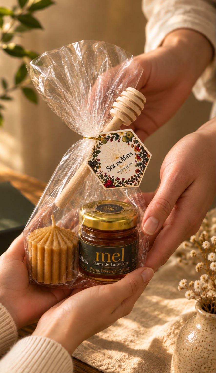 Kit Mel + Vela nas mãos, embrulhado em celofane com laço dourado.